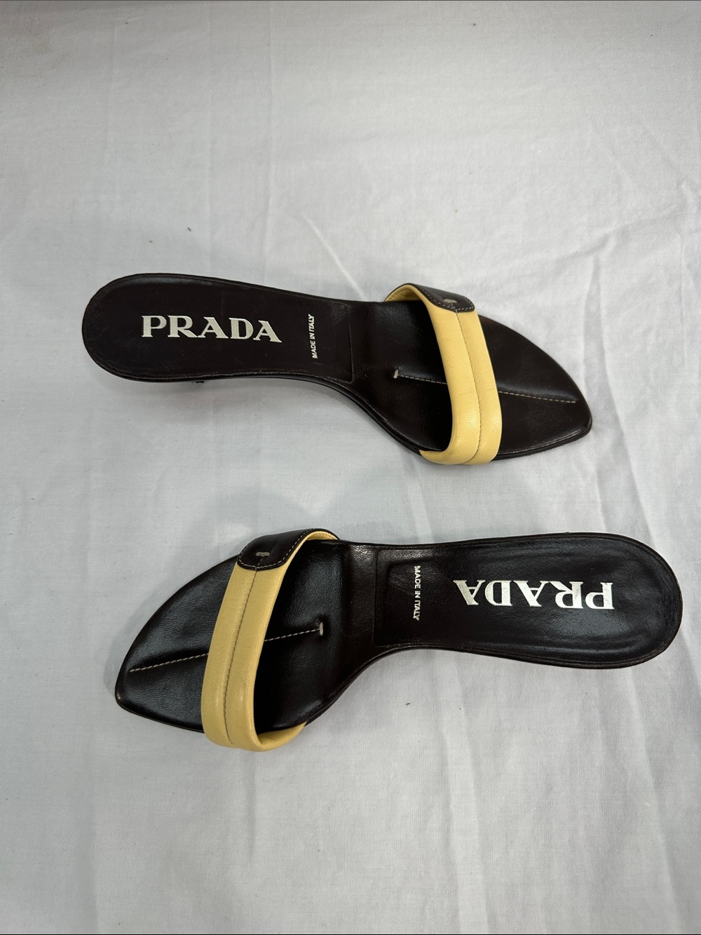 Vintage Prada Leather Mules Kitten Heel Sz 36 US 6 Brown/Tan Slip On Sandals - Picture 11 of 12